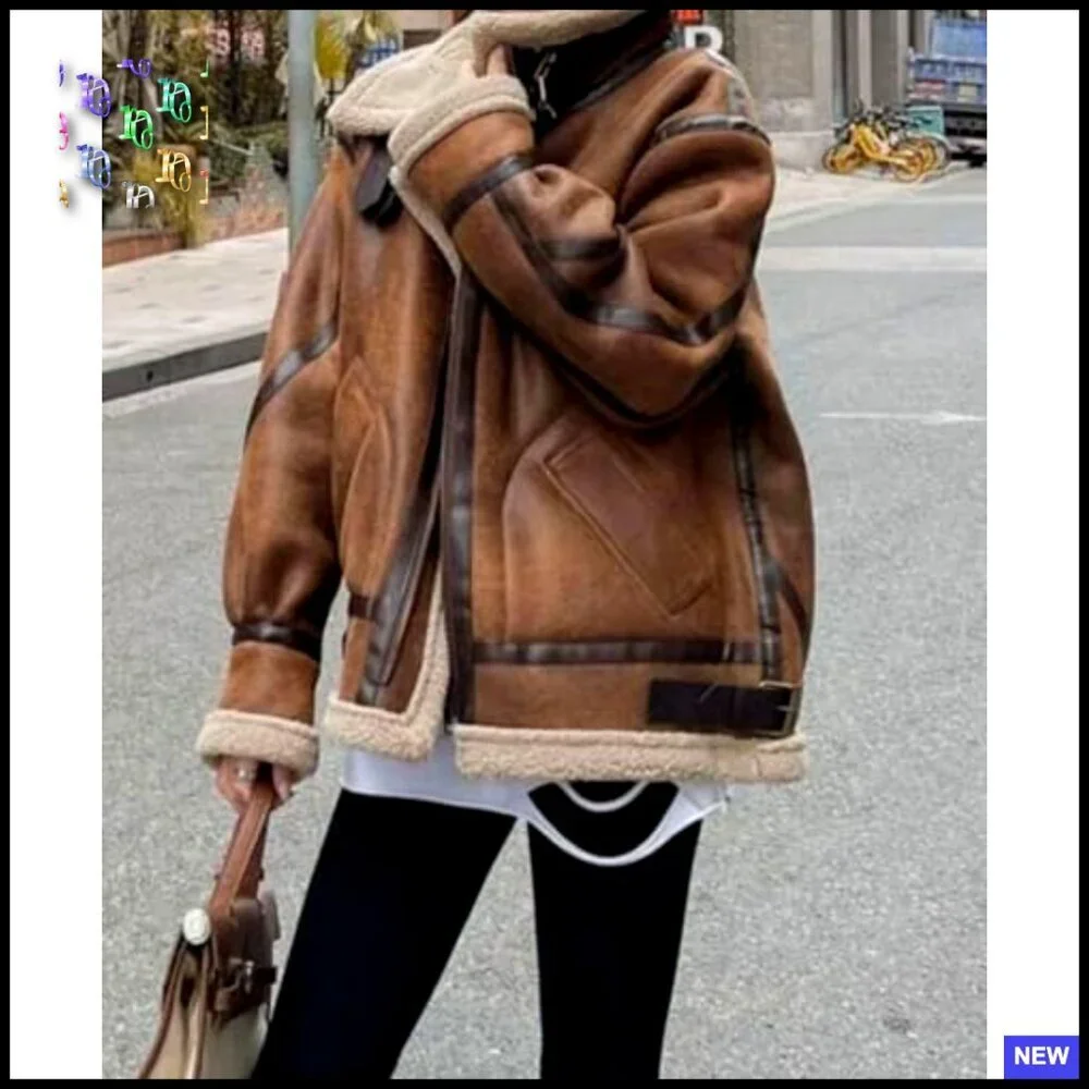Oversized Faux Suede Moto Jacket Sherpa Lined Aviator Style Winter Coat - Picture 5 of 6